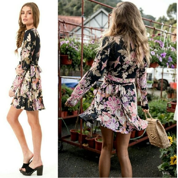 Spell Blue Skies Wrap Mini Dress in black - Picture 2 of 7